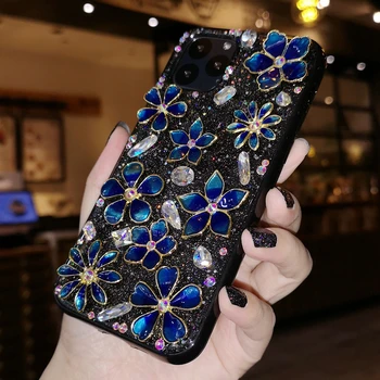 

For iPhone 11 pro Luxury Flower Jewelry Blue peacock blue Bling Crysta Diamond case for iphone XS max XR X 8 6S 7 plus case