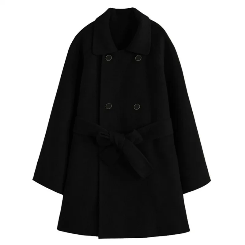 

Women's Woolen Coats Medium-long Belt Wool & Blends Winter Warm Coat Turn-down Collar Double Breasted Outwear with Pockets