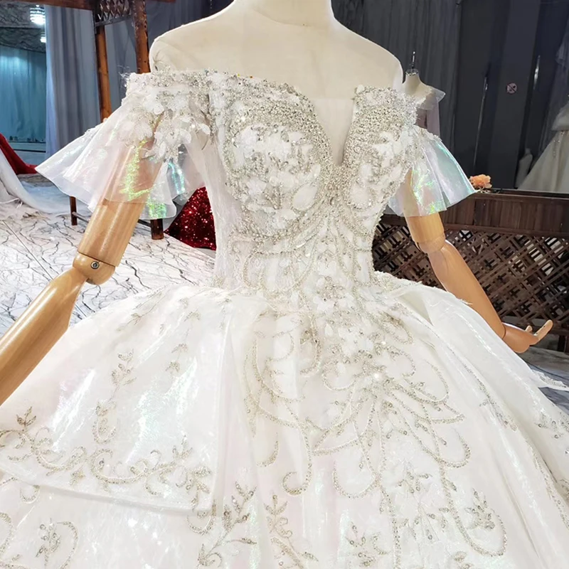 HTL1875 Sequined Beading Wedding Dress 2020 Short Sleeve Applique Ball Gowns Crystal Deep V-Neck Off The Shoulder 5