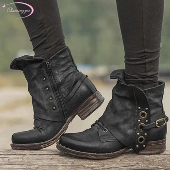 

Casual autumn ankle boots fashion buckle strap rivets zipper black grey brown motorcycle boots low heels chunky women's shoes