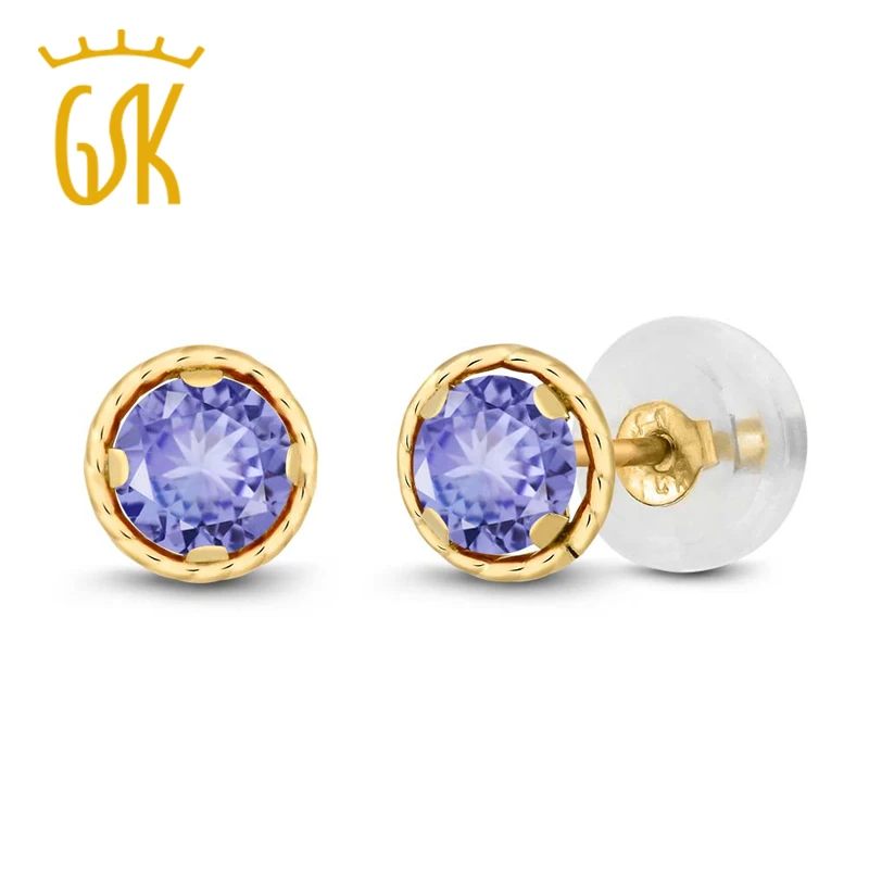 0 60 Ct круглые 4 мм синие серьги с танзанитом для женщин Твердые 14K желтое золото