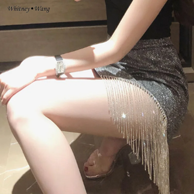WHITNEY WANG, Весенняя мода, уличная одежда, шикарные бриллианты, кисточка, Мерцающая мини-юбка, Женская юбка для ночного клуба, юбки для вечеринок