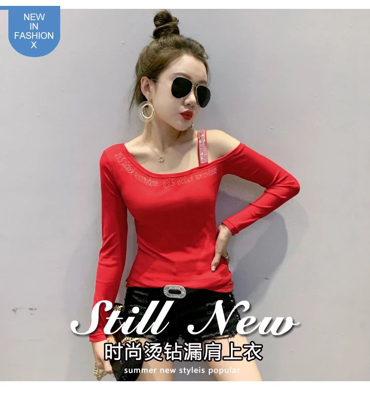 2020 Autumn New women tops Fashion long sleeve sexy off the shoulder women t-shirt hot drilling Elegant slim women clothing