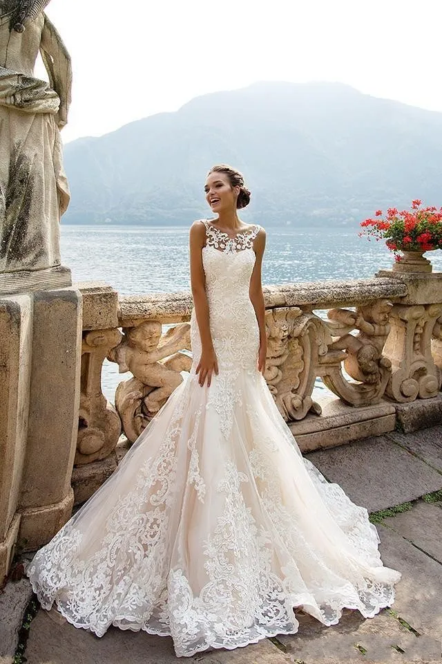 suknie slubne Full Lace Mermaid Wedding Dresses Vintage 2020 Sleeveless Court Train Sheer Back Bridal Wedding Gowns For Bride (3)