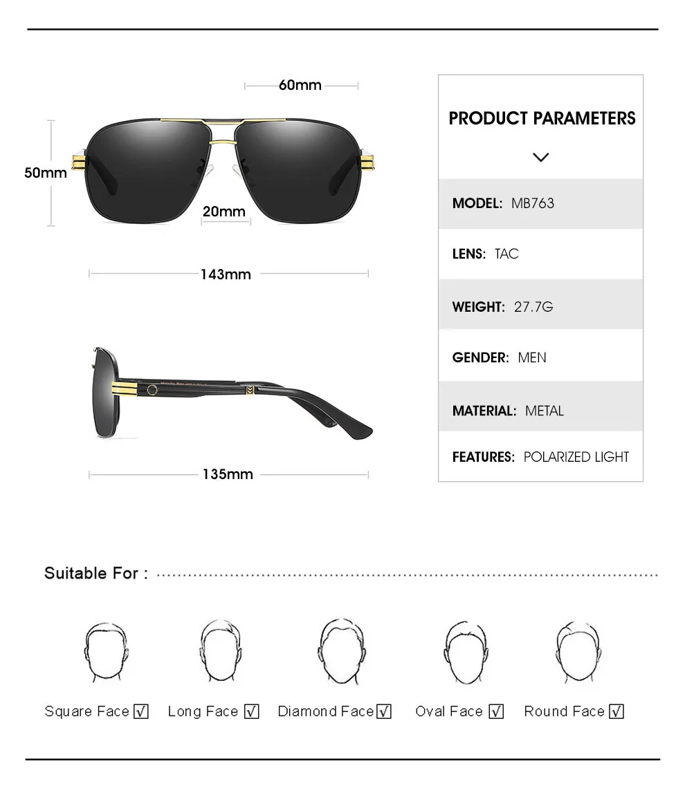 Квадратные Солнцезащитные очки, мужские спортивные очки для вождения, рыбалки, поляризационные солнцезащитные очки, мужские Модные брендовые дизайнерские очки Mercede 763