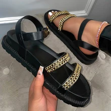 

2021 Summer Women Chain Platform Flat Sandals Woman Slides Ladies Buckle Comfortbale Female Casual Beach Shoes Plus Size 43