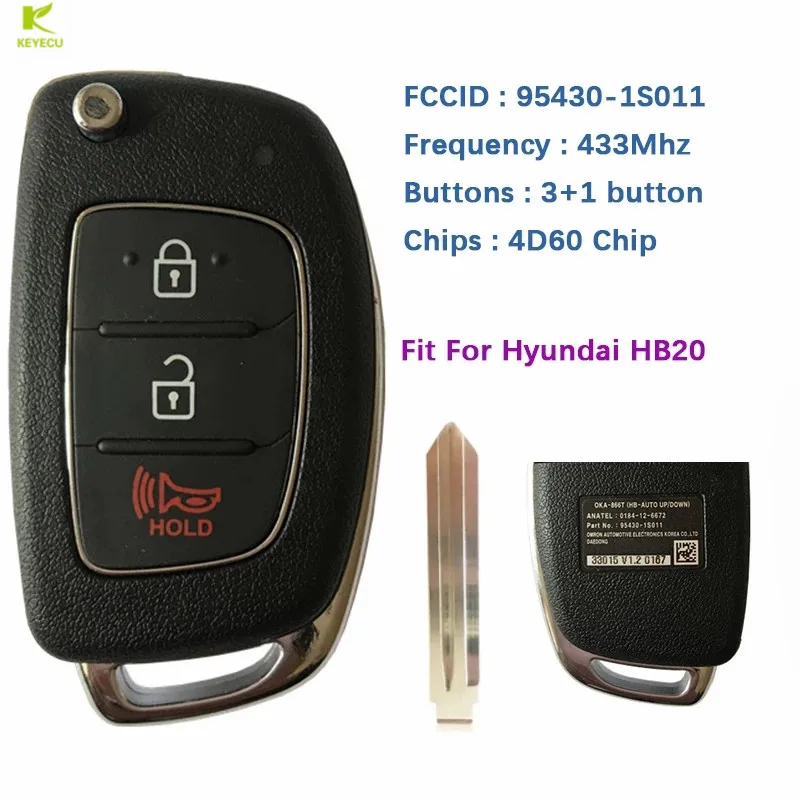 

KEYECU OEM Genuine Flip Key Fob Keyless Remote 3 Button 434MHZ 4D60 80BIT For 2012-2015 Hyundai HB20 95430-1S011 1S001 OKA-866T