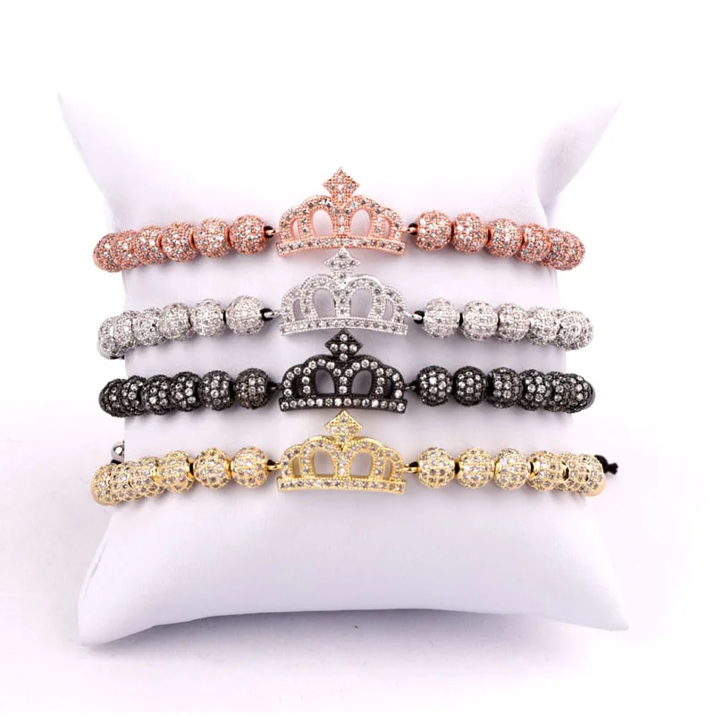 Drop Shipping New Luxury Men Women Bracelet CZ Micro Pave Ball Crown Charm Beaded Adjustable Bracelet Bangle