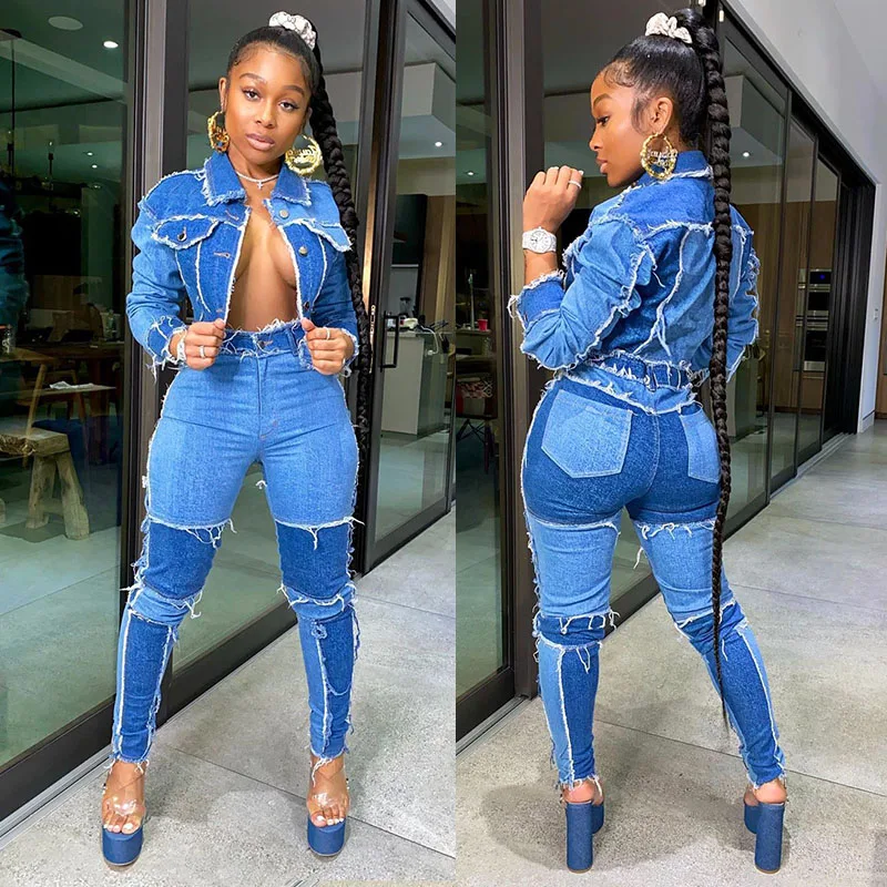Blue Denim Two Piece Set Jeans Suit For 