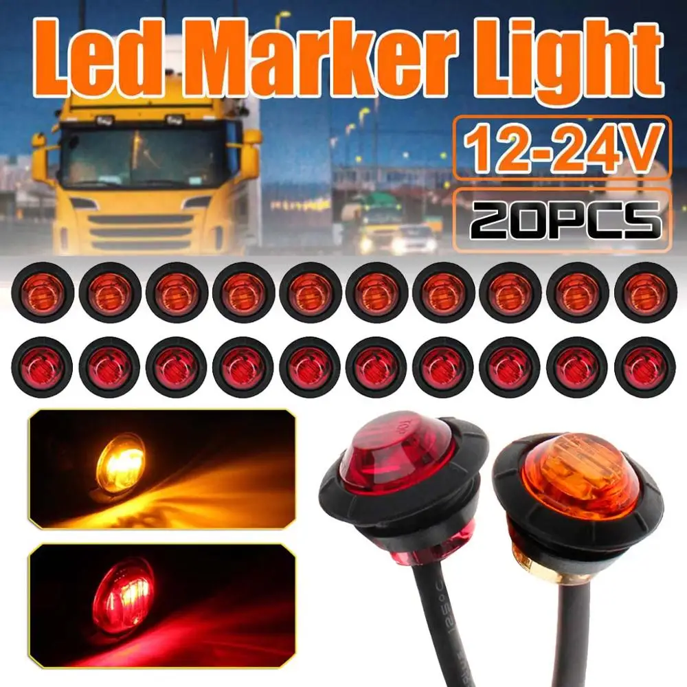 

20Pcs Car Truck Side Marker lights Roof Lighting Smoked Round Side Marker lights 3/4"LED Bullet Light Truck Trailer Amber Red