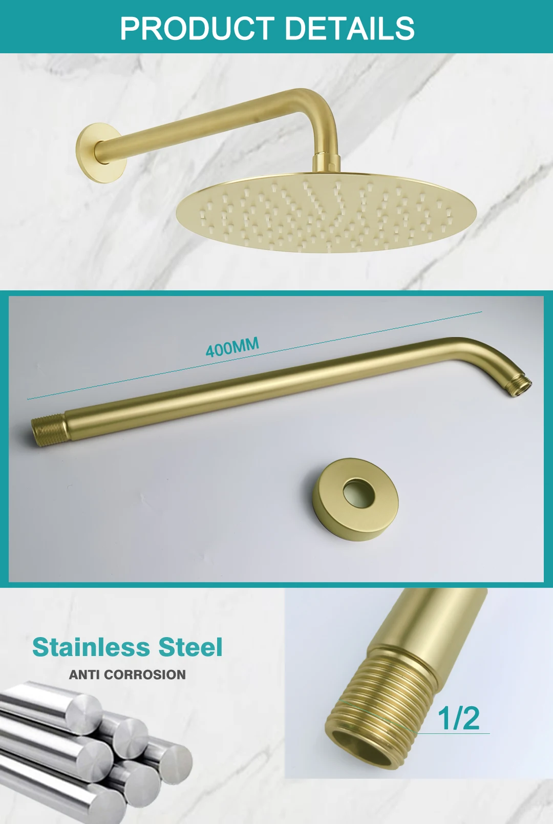 Banhado a ouro chuveiro cabeça braço de