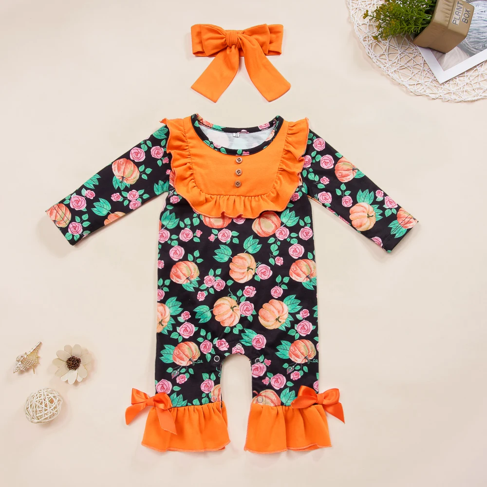 

2019 New Children Halloween Pumpkin Print Suit Fashion Orange Long Sleeves Top + Pants + Bow 3 PCS Suit Funny Baby Autumn Cloth