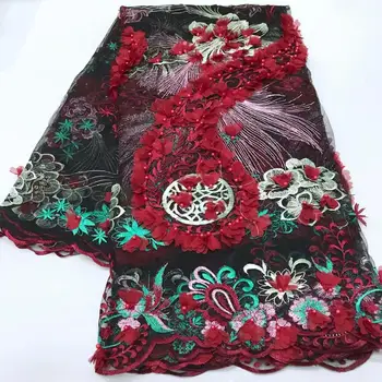 

RED 3D Beads Lace Fabric High Quality Mesh Embroidery Applique 3D Flower Tulle Nigerian Lace Fabrics For Bridal YYZ2633