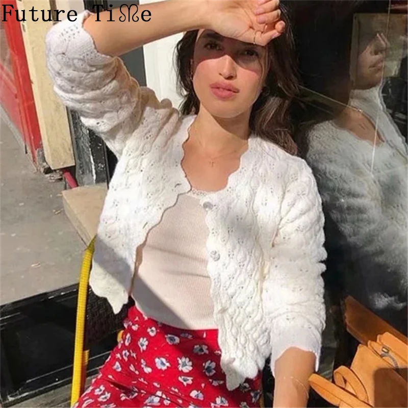 

Future Time Women Clothes Vintage French Hollowing Out Crocheted Round Neck Knit Shirt Long-Sleeved Sweater Cardigan GX181