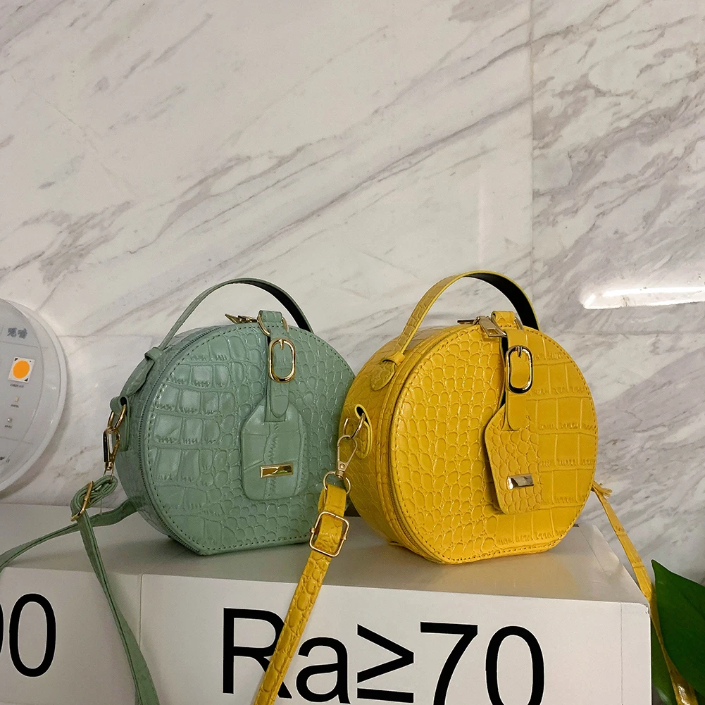 

Popular Simple Women Round Shoulder Bag Alligator PU Circle Zipper Small Daily Crossbody Handbag 2020 For Women