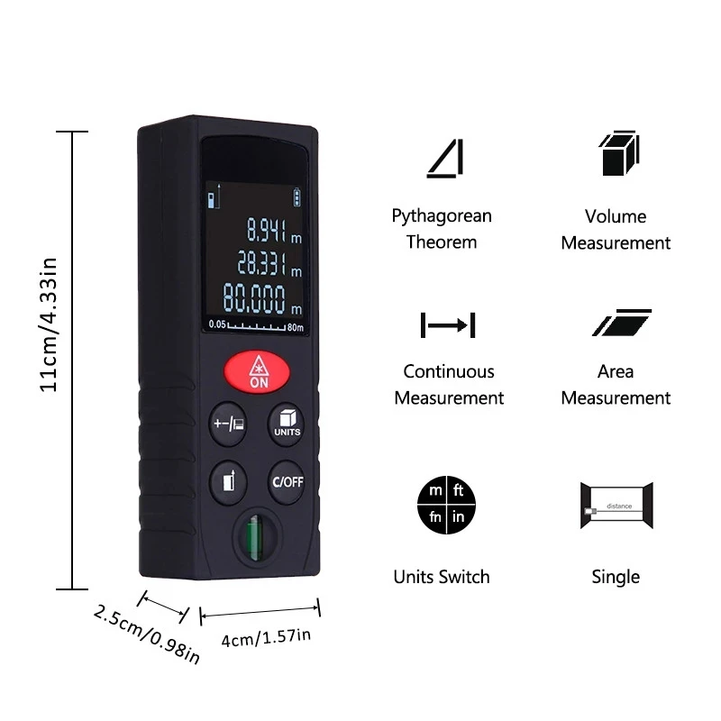 80M Laser Beam Rangefinder Multiple Measurement Modes Electronic Measure Tape Range Finder Vertical Bubble Distance Measurer