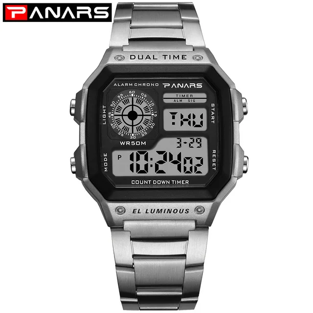 PANARS Men Sports Watch Multifunction Alarm Clock Chrono Waterproof Wristwatch Gold Steel Male Digital Watches Relogio Masculino 