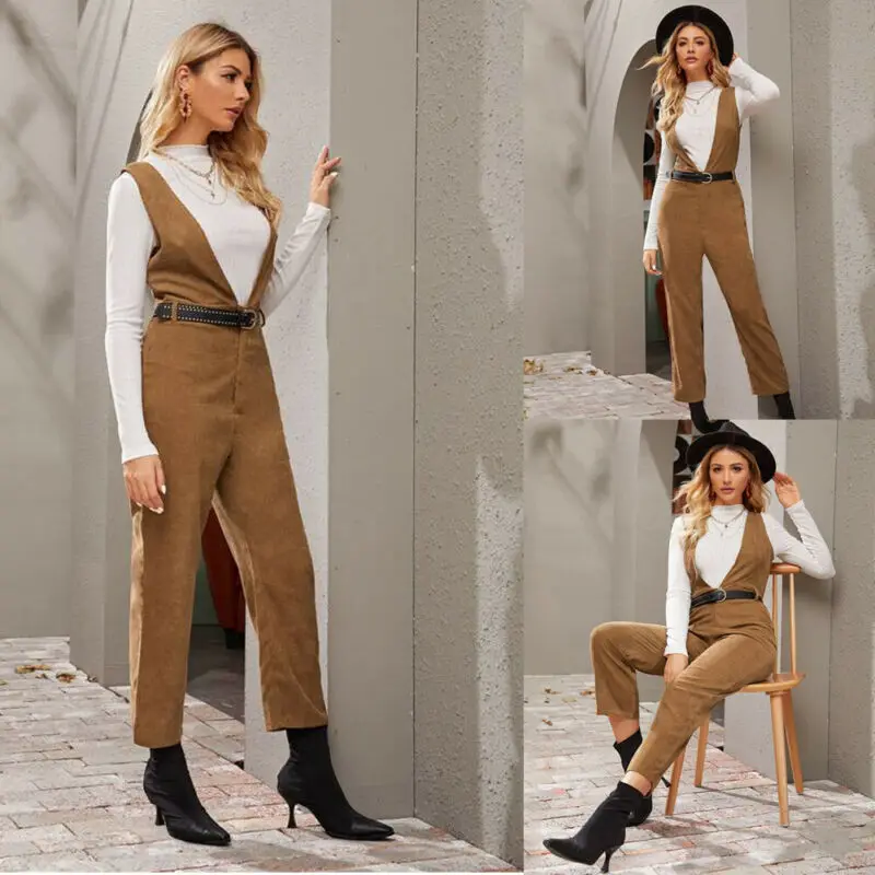 Dropshipping Women Corduroy Jumpsuits Vintage Warm Cloths Autumn Winter Solid Color Bodysuit Loose High Quality Jumpsuits