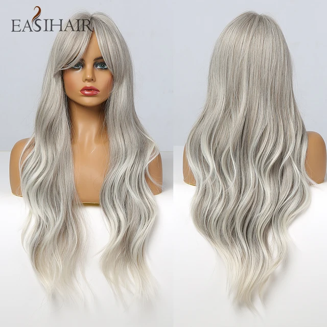 EASIHAIR Long Dark Brown Women's Wigs with Bangs Water Wave Heat Resistant Synthetic Wigs for Black Women African American Hair LC237-5