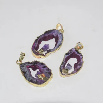 

Natural Slice Geode Druzy Pendant femme 2019 Pink Stripe slab Gold Bezel Hole Heart druzy stone pendant for women accessories