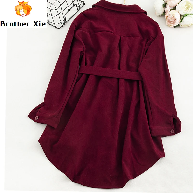 

Women's Corduroy Shirt Autumn Winter New Turn-down Collar Long Sleeve Double Pocket Shirt Sashes Waist Wild Loose Jacket ML421