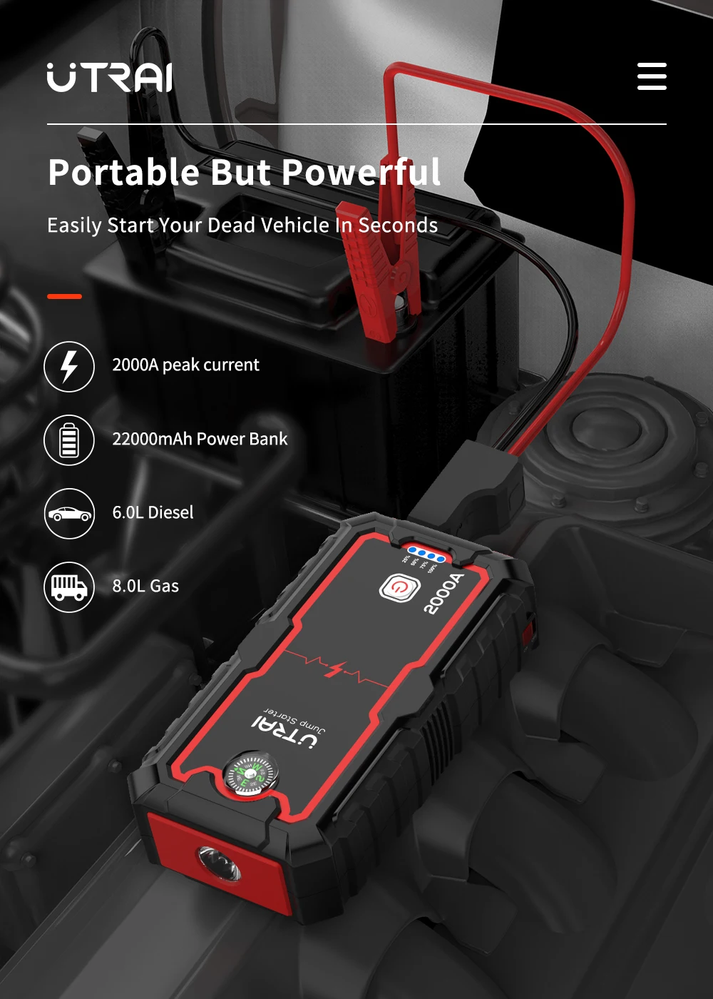 22000 Car Jump Starter 2000A Peak Start Dead Battery Booster Charger Power Bank 