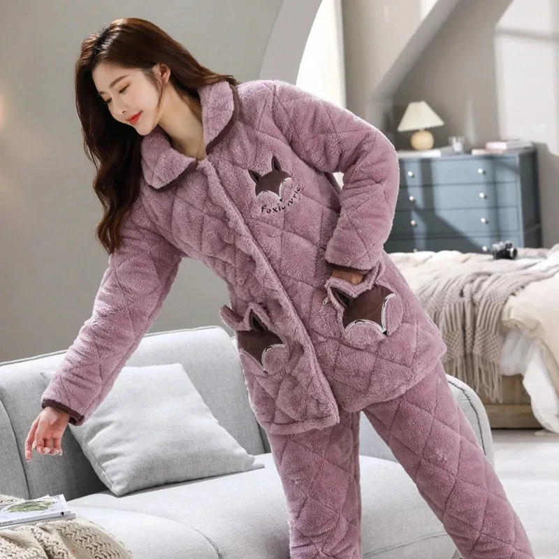 Pajamas Women Winter Sets Three-Layer Thick And Velvet mid-Long Quilted 2PCS Women's Cotton-Padded Jacket Home Service Suit 996
