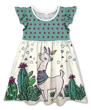 

fashionable flutter sleeves cartoon elaphurus design tunic green lovely dress girl