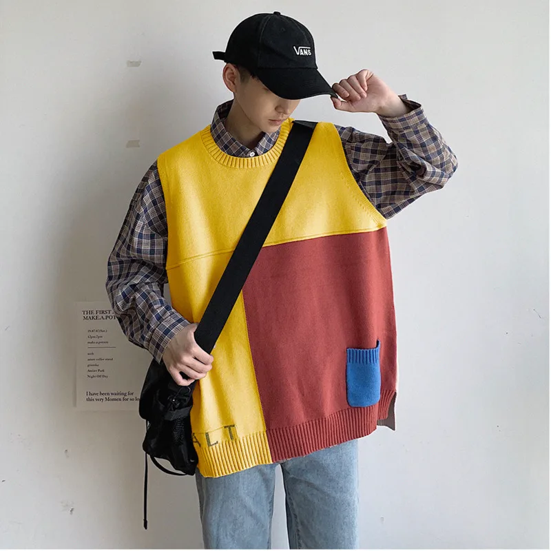 

2019 Autumn And Winter New Youth Male Loose Round Neck Color Matching Student Couple Sweater Vest Black / Yellow M-2XL