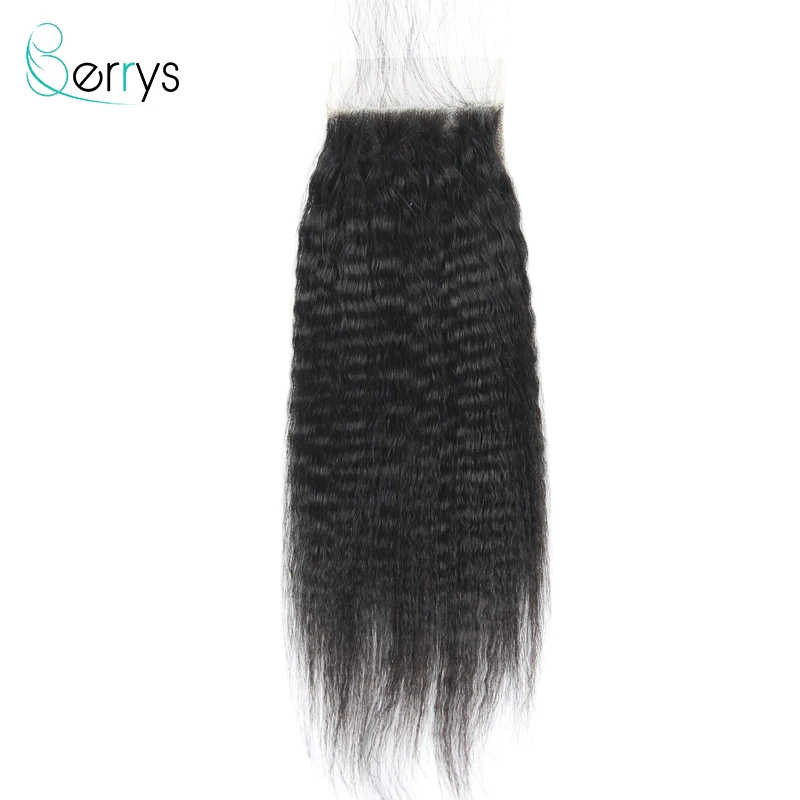 

Berryshair Brazilian Human Hair Lace Closure 4x4 Kinky Straight Transparent Lace Closures Virgin Hair Pre Plucked Bleached Knots