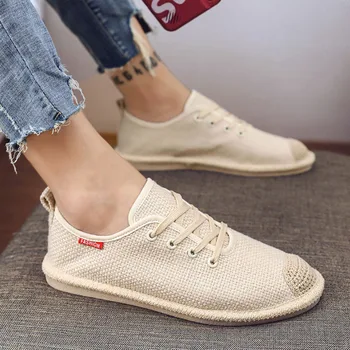 

2020 hot summer flat bottom men shoes high quality comfortable breathable linen sneakers man fashion retro straw espadrilles