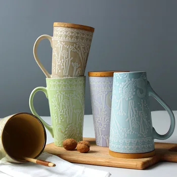 

Brief Hand-painted Ceramic Mug Creative Embossed Coffee Mugs with Lid 480ml/640ml Oversized Household Water Glass Milk Juice Cup