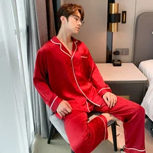 

men pajama set silk pajamas Red love jacquard home service silk nightgown winter pajamas Pants lounge set Pajamas for couples