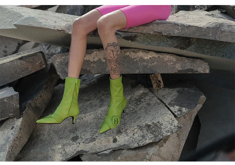 Buono Scarpe/кожаные ботильоны с острым носком в стиле ретро; Брендовая обувь на каблуке в байкерском стиле; носки на каблуке «рюмочка» с пряжкой и ремешком; Botas Mujer; Узкие ботинки