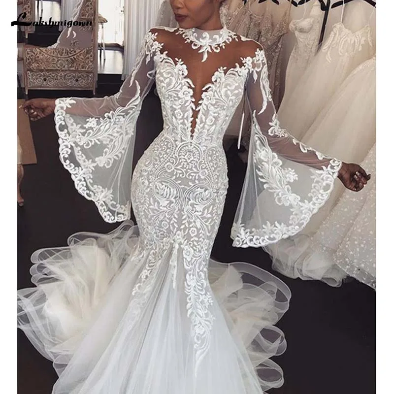 

Dubai Arabic Mermaid Wedding Dress Long Sleeve High Neck Illusion Bridal Wedding Gowns Elegant African Bride Dress lakshmigown