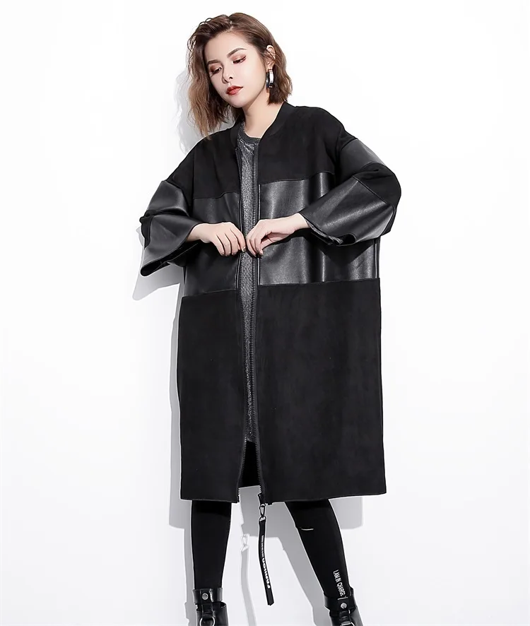 Best  [EAM] Loose Fit Black Pu Leather Spliced Big Size Jacket New Stand Collar Long Sleeve Women Coat Fa