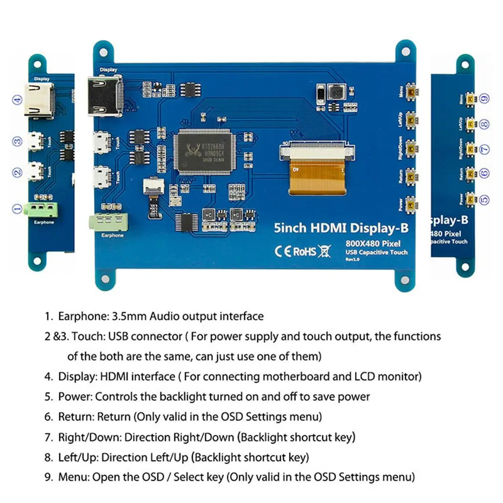  5-inch LCD monitor HDMI 800X480 HD touch screen capacitive screen for Raspberry Pi 4 Model B 3B+/3B
