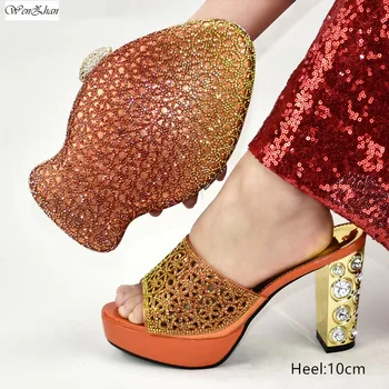 

Stylish High Heel Shoes and Bag African Sets Orange Italian Shoe Bag Set Decorated with Rhinestone WENZHAN High Quality!d912-7