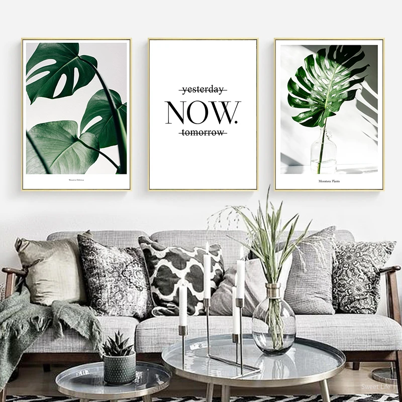 

Tropical Palm Leaf Green Plant Wall Art Monstera Poster Print Gold Quote Canvas Art Painting Wall Picture Modern Home Decor