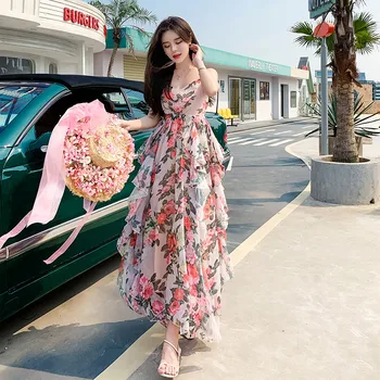 

CBAFU luxury floral print summer dress women casual ruffles butterfly spaghetti strap long dresses beach party vestidos F301