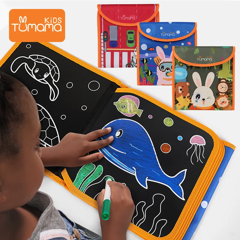 Tumama  Drawing Board Book Animal Traffic  Coloring Books For Kids DIY Blackboard Painting Drawing Board  With Water Pen