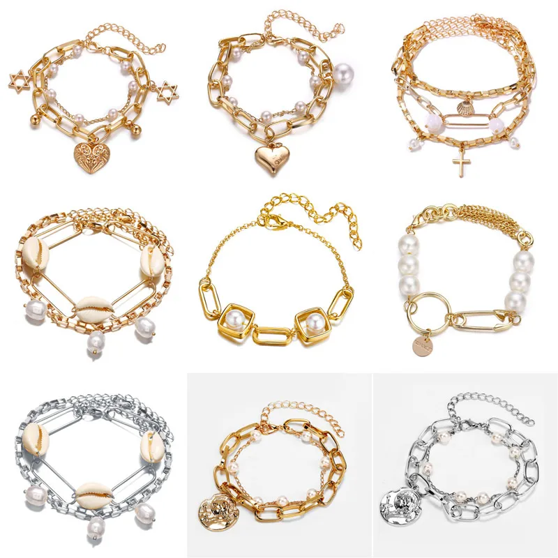 WUKALO Модные индивидуальные ювелирные изделия Многослойные Винтаж в виде ракушки крест сердце цвет золотистый браслеты из искусственного жемчуга для женщин подарок
