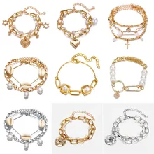 WUKALO Модные индивидуальные ювелирные изделия Многослойные Винтаж в виде ракушки крест сердце цвет золотистый браслеты из искусственного жемчуга для женщин подарок