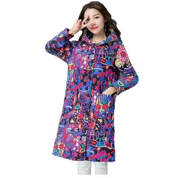 

Women Parka coat M-4XL plus size yellow 2019 purple autumn winter new printing hooded fashion plus thick warmth clothing JD577