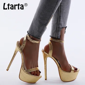 

LTARTA Large Size 35-42 Summer New Golden Platform High Heels Word With High Heels Fine Heel Hollow Women's Sandals JXQ