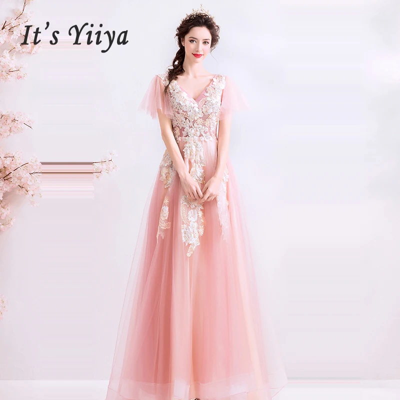 It's Yiya вечернее платье с коротким рукавом женские вечерние платья одежда с вышивкой De Soiree плюс размер кружева v-образным вырезом Формальные платья E649