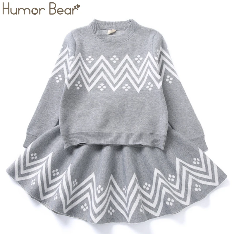 Humor Bear/Зимний комплект одежды для девочек г. Платье с геометрическим узором трикотажная одежда для девочек пальто с длинными рукавами+ юбка свитер из 2 предметов - Цвет: BZ701M gray