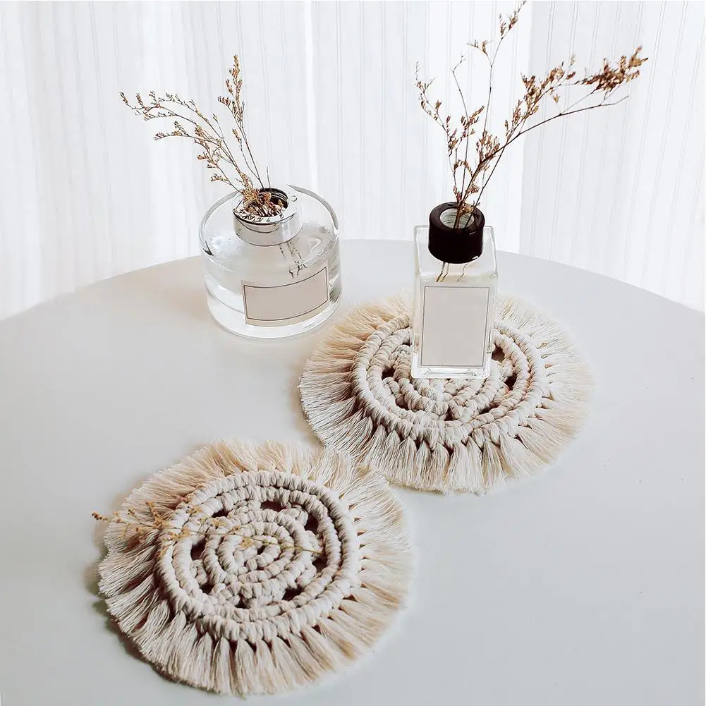 

Bohemian Style Dining Handwoven Placemat Coffee Cup Mat Natural Cotton Thread Rope Woven Placemat For Home Kitchen Decoration