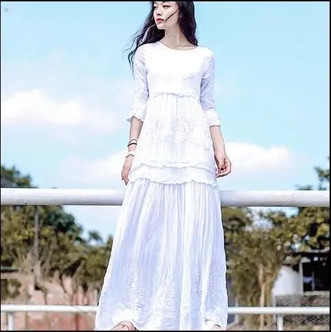 Boho женские богемные винтажные этнические Цветочные вышитые хлопок туника длинное белое платье макси хиппи бохо Асимметричная FJ180