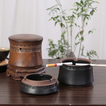 

Simple Art Retro Stoneware Ashtray with Lid Dual-use Living Room Office Study Ceramic Windproof Smoke Cup To Send Boyfriend Gift